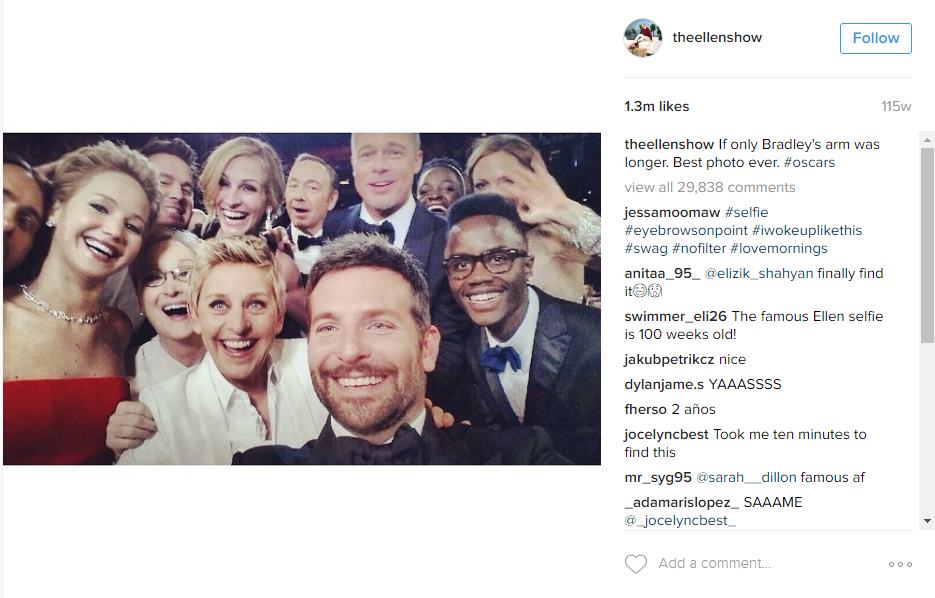 perhaps that s why this famous oscar pic was liked by 1 3 million when shared by the ellen show definitely not the collective celebrity power - ellen instagram followers
